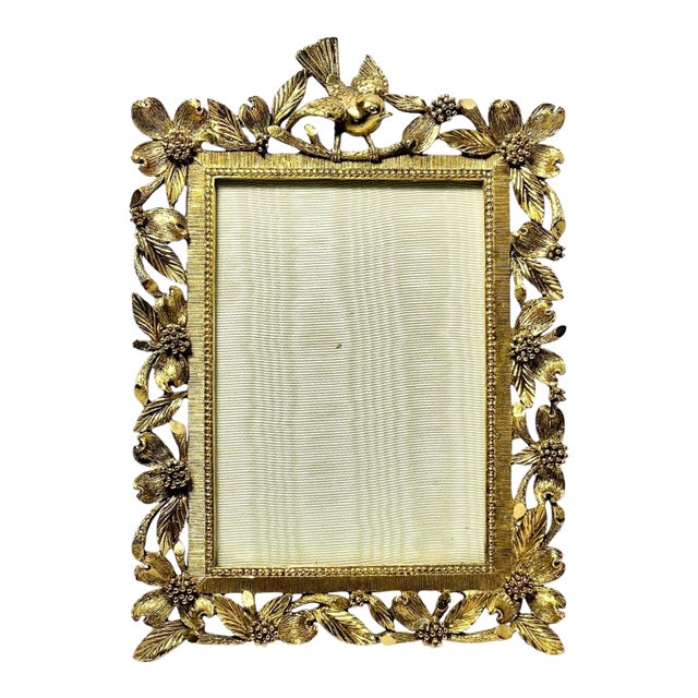 1960s Matson Ormolu Bird Dogwood Flower Gold Tone Rectangle Picture Frame For Sale
