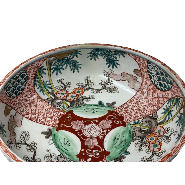Vintage Asian Round Polychrome Enamel Scenery Graphic Porcelain Bowl For Sale - Image 9 of 11