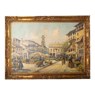 Early 20th Century Large European Flower Market Oil Painting, Signed H. Johannsen, Ornate Gilt Frame For Sale
