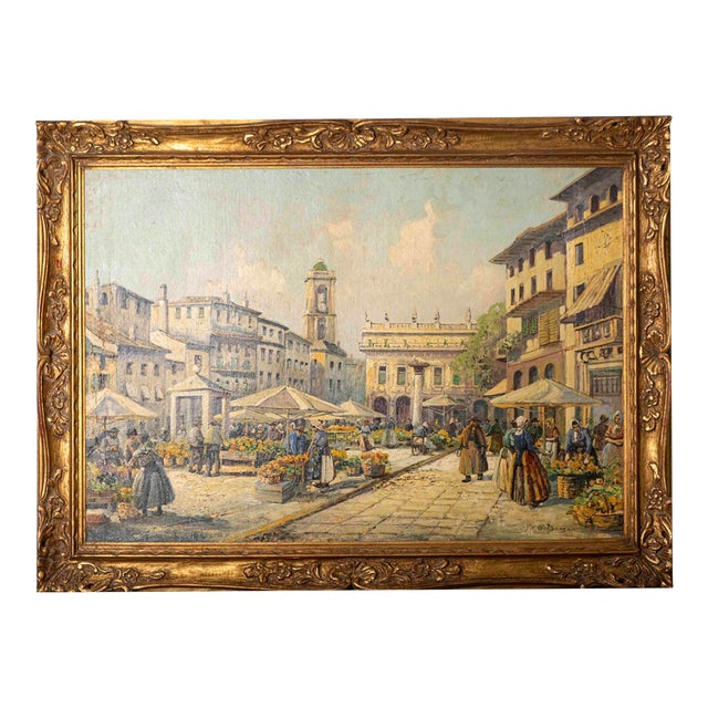 Early 20th Century Large European Flower Market Oil Painting, Signed H. Johannsen, Ornate Gilt Frame For Sale