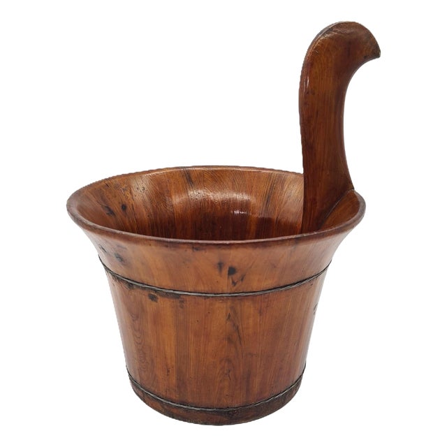 Mid-Century Rustic Folk Wooden Bucket or Vessel with Handle, 1960s For Sale