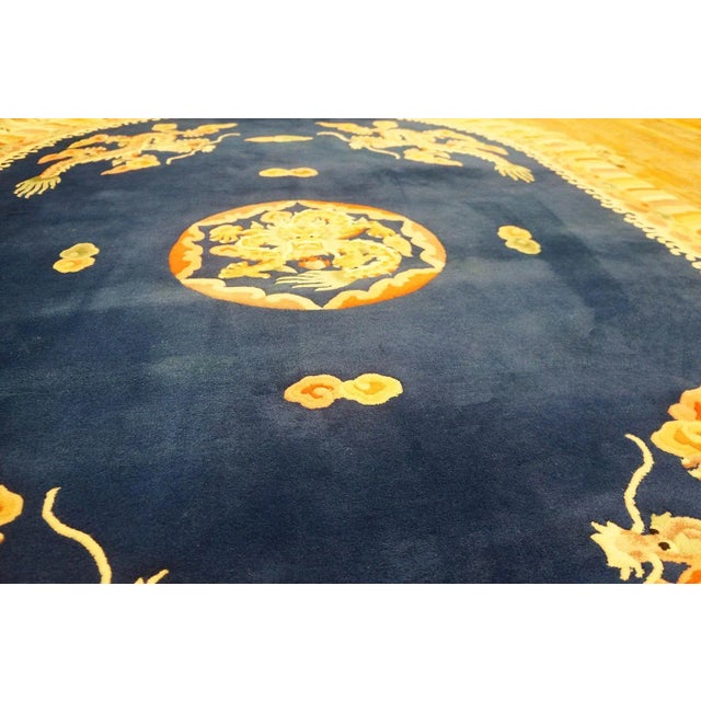 1980s Navy Blue Dragon Medallion Vintage Chinese Art Deco Carpet Oval 6'' X 9' Knotted Wool Rug For Sale - Image 11 of 12