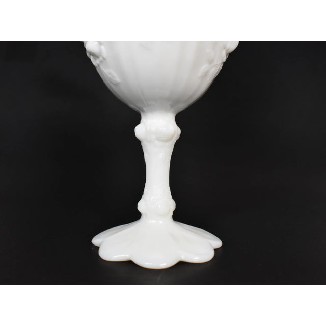 Glass Vintage Fenton Milk Glass Small Pedestal Bowl Comport Compot Ruffled Rose Design For Sale - Image 7 of 10