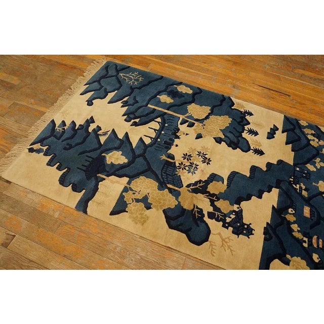 1930s Beige Blue Monumental Landscape Antique Chinese Bao Tou Rug 3'2" X5'0" Knotted Wool Carpet For Sale - Image 4 of 9