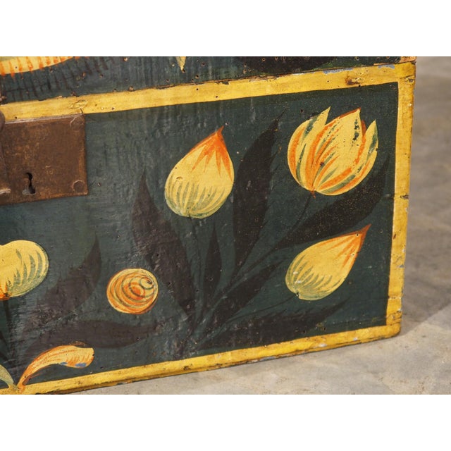 Dark Green 19th Century Hand Painted Polychrome Trunk With Floral Decor, Normandy France For Sale - Image 8 of 18