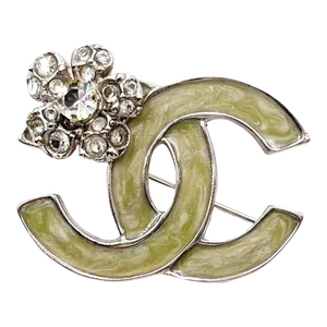 Chanel Silver CC Mint Enamel Corner Crystal Flower Brooch