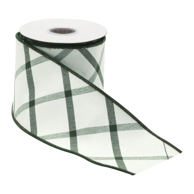 Enhance your seasonal decor with the Plaid Wired Ribbon in wintry white and forest green tones. The classic slanted plaid...