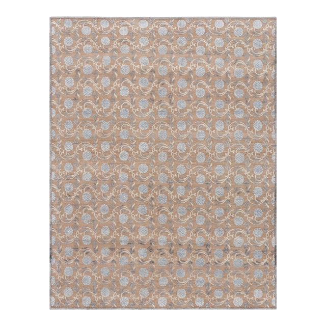 Rug & Kilim’s Modern Block Print Runner Rug in Brown with Blue Floral Patterns - 3x10 For Sale