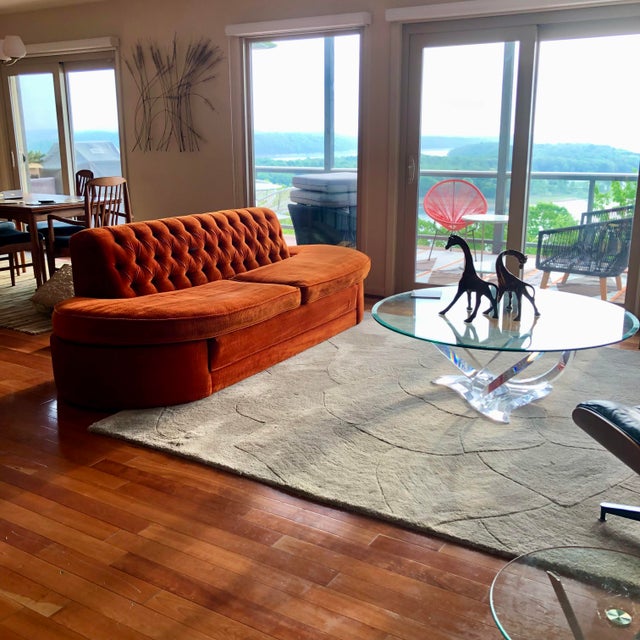Textile 1970s Orange Velour Tufted Armless Sofa For Sale - Image 7 of 8