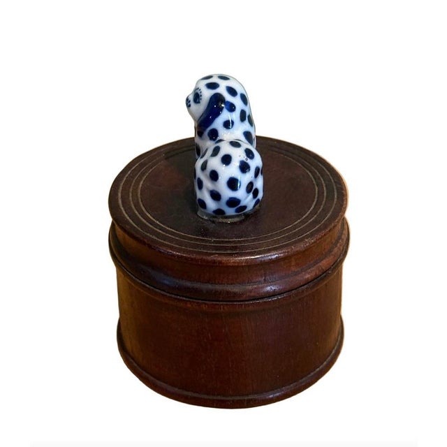English Late 20th Century Thai Turned Wood Trinket Box With Blue & White Ceramic Dog Finial For Sale - Image 3 of 9