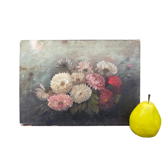 Realism Mid 1800s Oil on Board Still Life of Dahlias. For Sale - Image 3 of 6