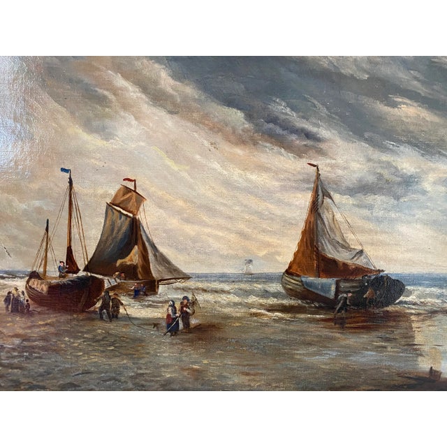 Antique oil painting of a seascape. The scene features a landscape style painting with sailboats under a cloudy sky....
