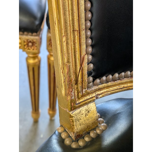 Set of 6 Antique 19th Century French Louis XVI Giltwood & Black Leather Dining Chairs For Sale - Image 13 of 13