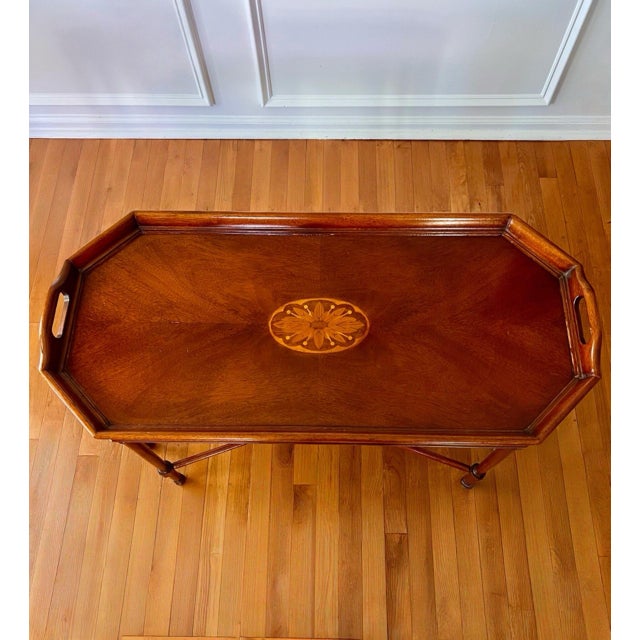 Late 20th Century Late 20th Century George III Style Mahogany Fixed Tray Top Cocktail Table With Inlay by Drexel For Sale - Image 5 of 12