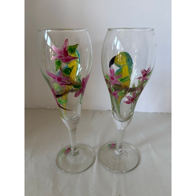Glass Vintage Hand-Painted Tropical Parrot & Floral Champagne Flutes - Pair For Sale - Image 7 of 9