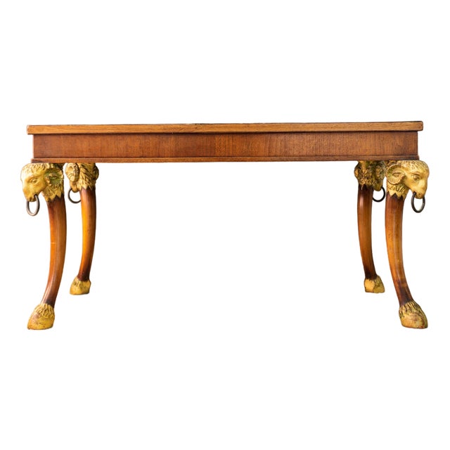 Giltwood Rams Head and Hoofed Saber Leg Burlwood Coffee Table For Sale