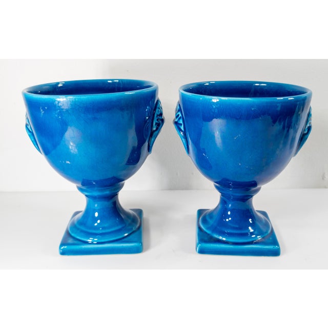 Mid-Century Italian Pair of Bright Turquoise Blue Garniture Urns For Sale - Image 4 of 9