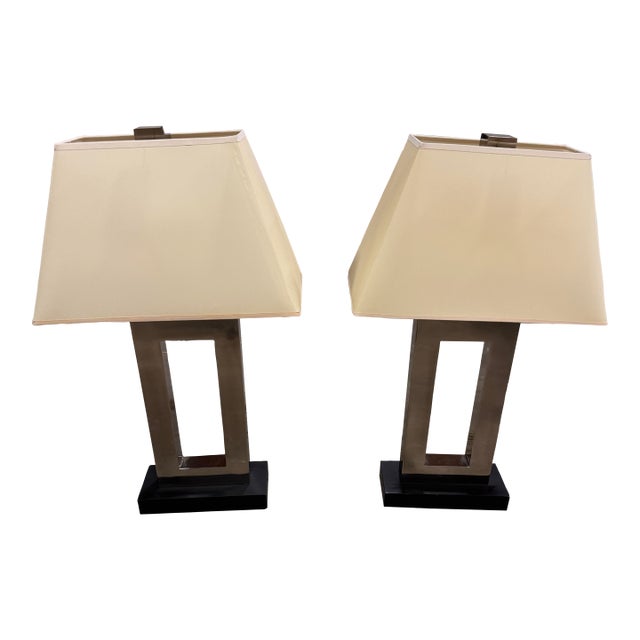 Pair of Modern Brushed Robert Abbey Style Metal Open-Frame Table Lamps For Sale