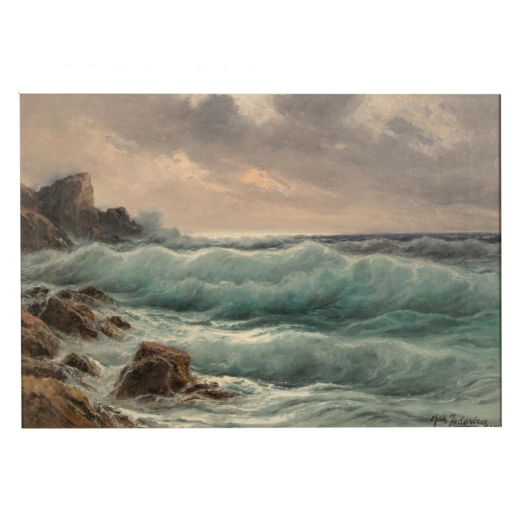 Antique Italian Oil on Canvas Painting Seascape Coastline Isle of