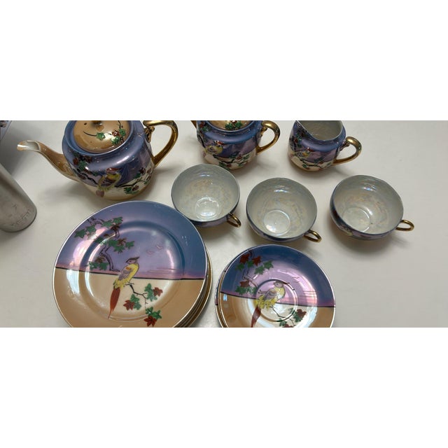 Vintage Japanese Lusterware Tea Set With Bird Design Handpainted Collectible - 18 pcs For Sale - Image 4 of 7