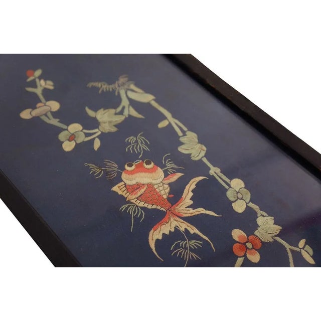 1920s Blue Koi Fish Antique Chinese Textile With Frame 0' 8''x 1' 10'' Woven Wool Carpet Rug For Sale - Image 4 of 9