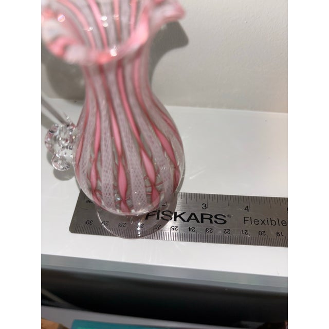 Mid 20th Century Mid 20th Century Murano Pink & White Latticino Filigree Glass Pitcher & Vase - Set of 2 For Sale - Image 5 of 12