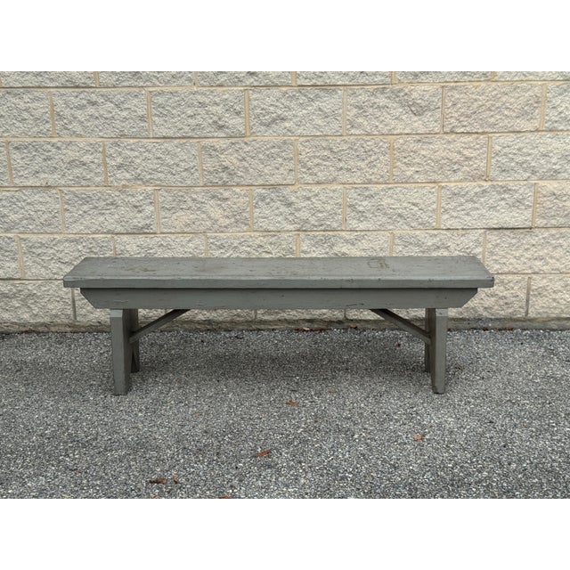 Early 20th Century Vintage Primitive Gray Painted Wood Bench For Sale - Image 5 of 12