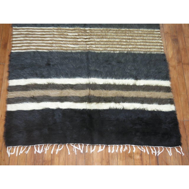 Late 20th Century Black Gray Brown Ivory Plush Organic Vintage Mohair Wool Rug For Sale - Image 5 of 6