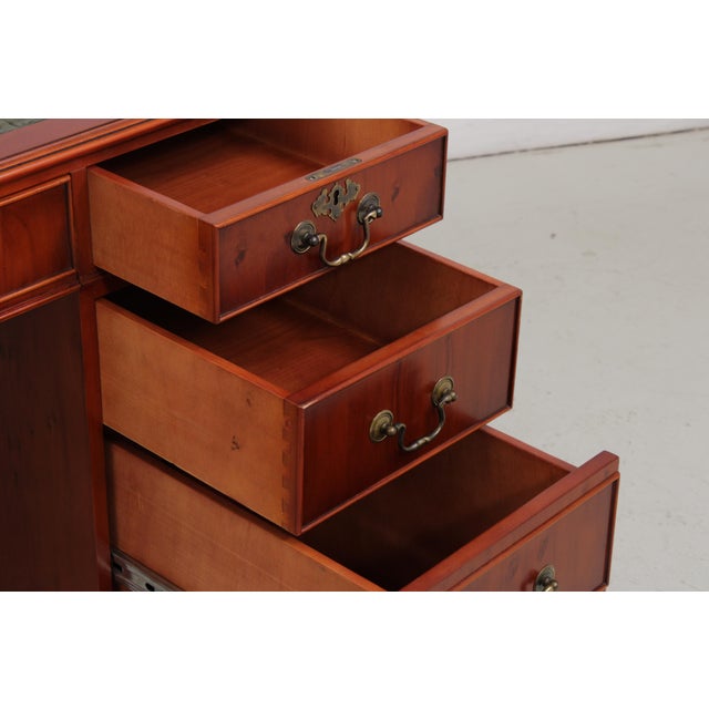 Reprodux English Yew Wood Green Leather Top Desk For Sale - Image 10 of 18