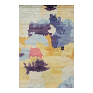 6x9 Multicolor Hand-Knotted Bamboo Silk Watercolor Jewel Tone Abstract Rug For Sale