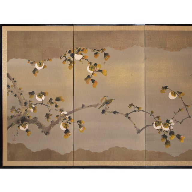 Lovely vintage Japanese painted 4-panel byobu (folding screen) "Sparrows and Persimmon" in Yamato-E style. Signed and...