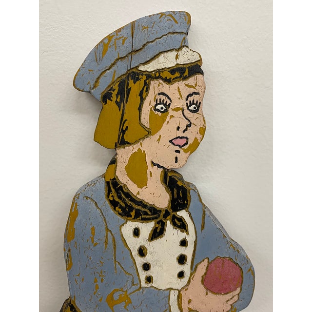 1970s Vintage Folk Art Painted Wood Garden Figure Sculpture on Stand, Hand Carved Decorative Cutout For Sale - Image 5 of 12