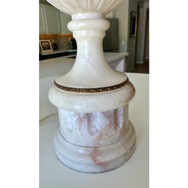 Single Italian Tall Alabaster and Brass Urn Handles Table Lamp For Sale - Image 14 of 18