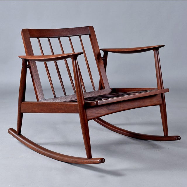 MM Moreddi Pair of Restored Moreddi 1950's Danish Teak Rocking Chairs in Black Leather For Sale - Image 4 of 13