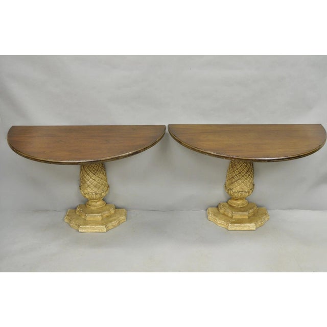 Vintage Hollywood Regency Carved Wood Pineapple Demilune Console Hall Tables - a Pair. Table was originally one round...
