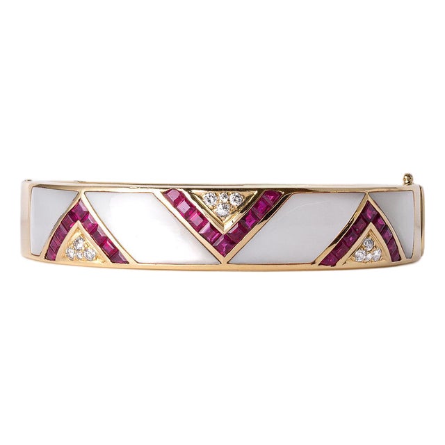 1990s 18k Gold 2.20 Carats Ruby, Diamond & Mother of Pearl Inlay Bangle For Sale