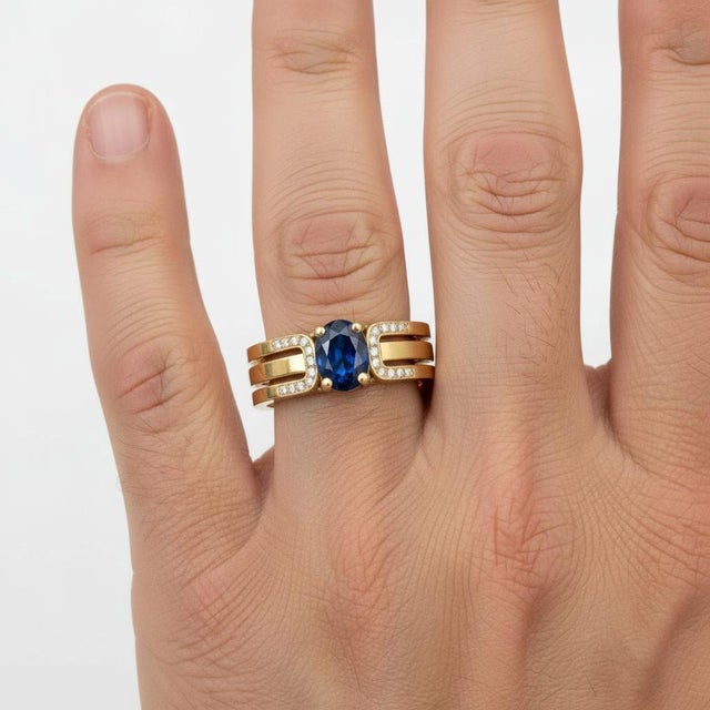 Modern Split Shank Oval Sapphire Engagement Silver, Gold Ring, Size 9.5 For Sale - Image 3 of 6