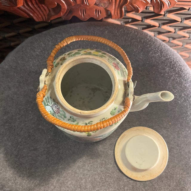 Antique Famille Rose Porcelain Tea Pot With Insulated Wicker Basket For Sale In Orlando - Image 6 of 13