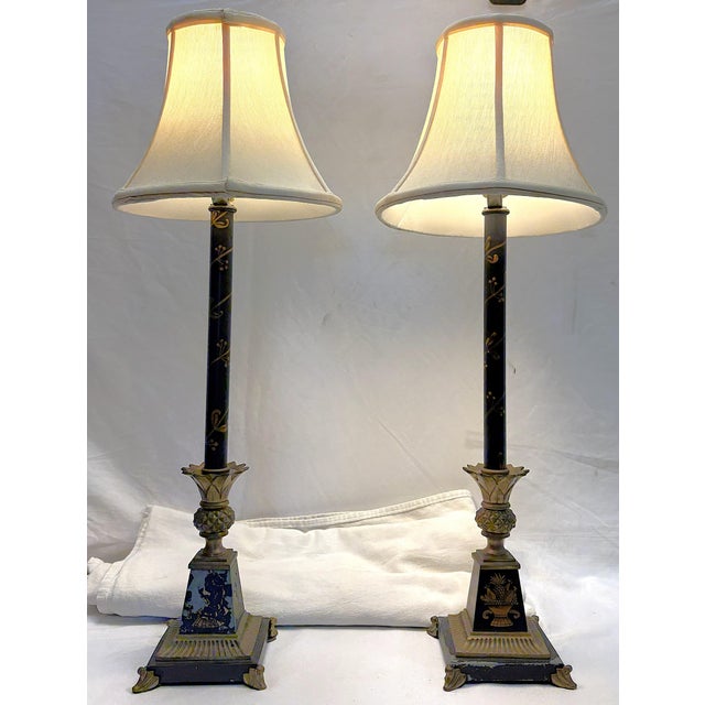 Vintage French Tole and Brass Candlestick Lamps With Pineapple Motif- A Pair For Sale - Image 17 of 18