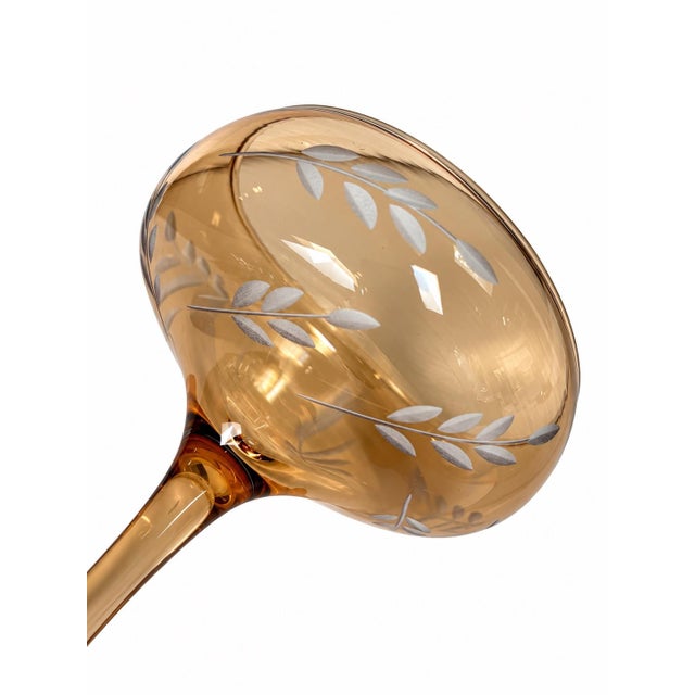 Glass Amber Smoked Etched Champagne Coupe Glasses - Set of 4 For Sale - Image 7 of 7