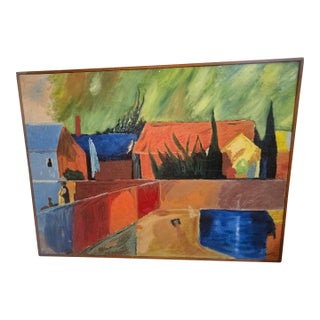 1967 Mid-Century Modern German Expressionist Village Scene Oil Painting by Gus Bundy For Sale
