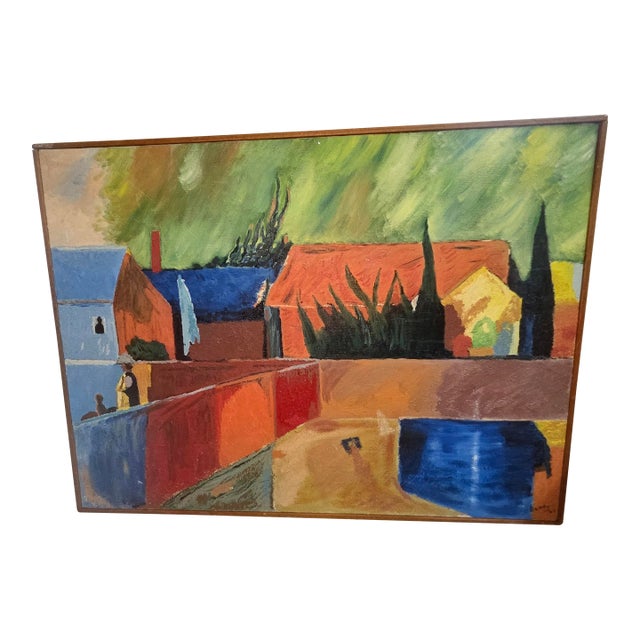 1967 Mid-Century Modern German Expressionist Village Scene Oil Painting by Gus Bundy For Sale
