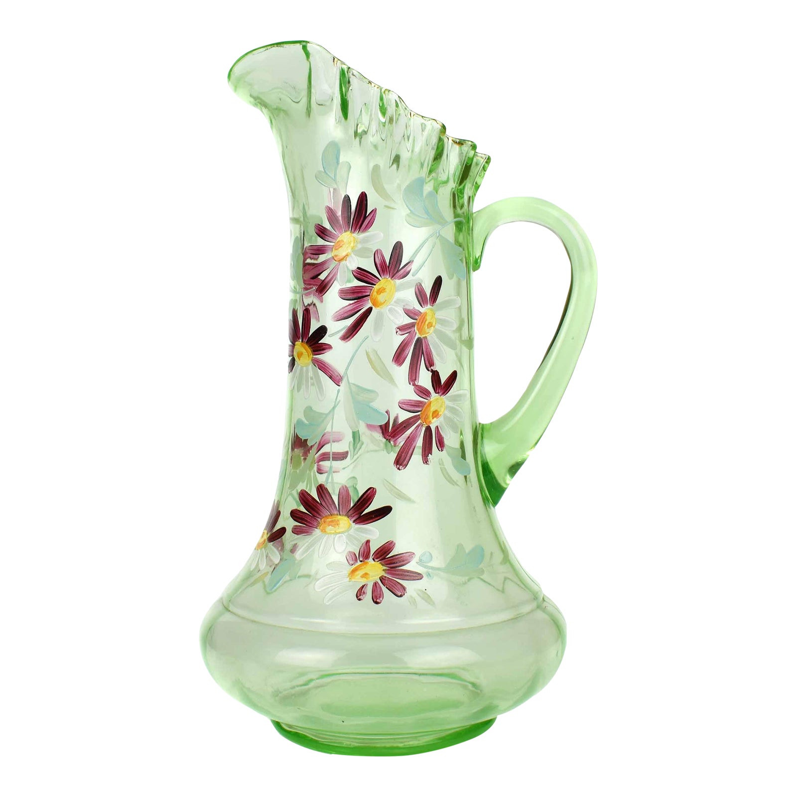 Early 20th Century Large Hand Blown Uranium Glass Pitcher With Ruffle