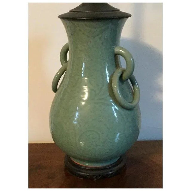 Chinoiserie Antique 19th Century Chinese Celadon Porcelain Vase With Ring Handles Mounted as a Table Lamp For Sale - Image 3 of 11