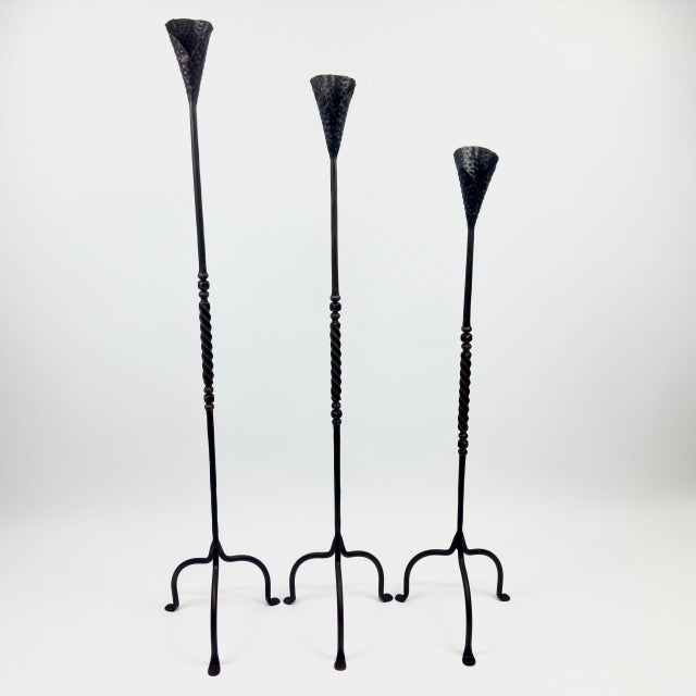Black Hand Forged Iron Candelabra Set of 3 (100-120cm) Antique Copper Finish Barley Twist Stem with Calla Lily Cups For Sale - Image 8 of 8