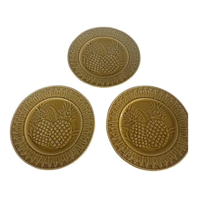 Vintage Bordallo Pinheiro Yellow Pineapple Majolica Salad Plates - Set of 3 For Sale