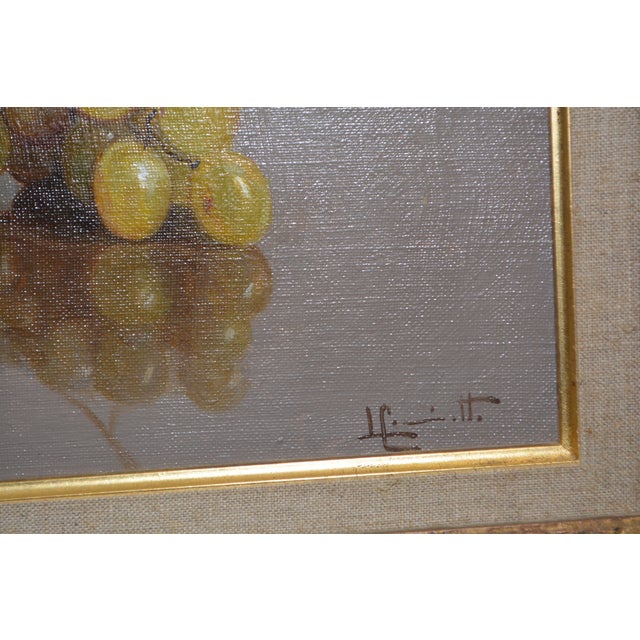 Hollywood Regency Vintage Gold Wood Framed Leonardo Cominotto Italy (1898-1966) Still Life Oil Painting Grapes For Sale - Image 3 of 14