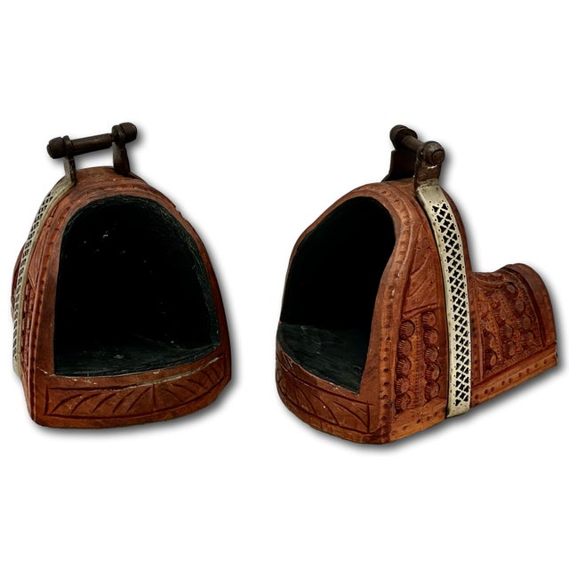 Outstanding Original Pair of Antique Spanish Colonial Hand Carved Wood & Wrought Iron Bedoya Stirrups - Circa 1800s For Sale - Image 9 of 18
