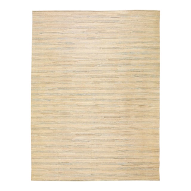 Beige Modern Kilim Handmade Abstract Striped Motif Flatweave Oversize Wool Rug For Sale