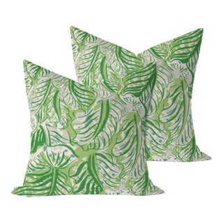 Christopher Farr Mille Feuilles in Green 22" Pillows - A Pair For Sale